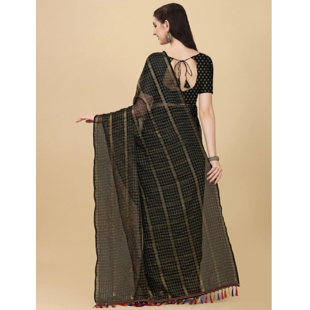 Clasymist Women's Silk Blend Checkered Saree With Unstitched Blouse 5.5Mtr (Black)