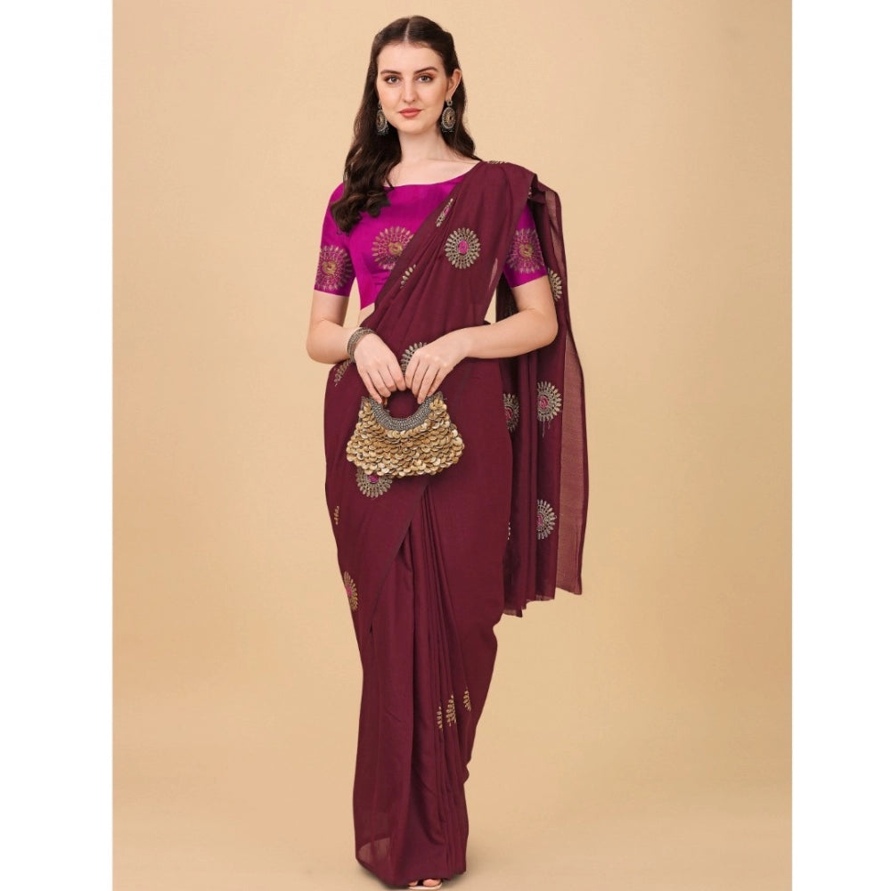 Clasymist Women's Silk Blend Embroidered Saree With Unstitched Blouse 5.5Mtr (Brown)