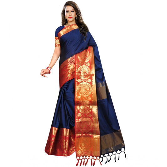 Clasymist Women's Jacquard Woven Saree With Unstitched Blouse 5.5Mtr (Dark Blue)