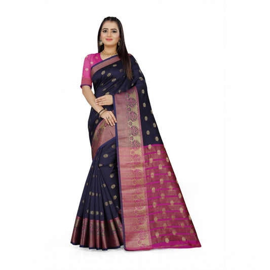 Clasymist Women's Jacquard Woven Saree With Unstitched Blouse 5.5Mtr (Dark Blue)