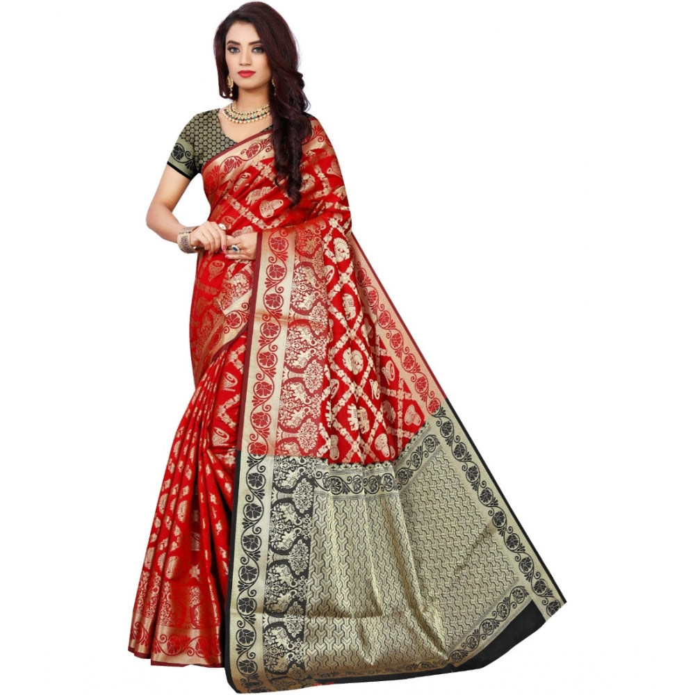 Clasymist Women's Jacquard Woven Saree With Unstitched Blouse 5.5Mtr (Red)