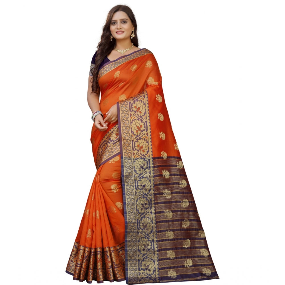 Clasymist Women's Silk Blend Woven Saree With Unstitched Blouse 5.5Mtr (Gold-Orange)