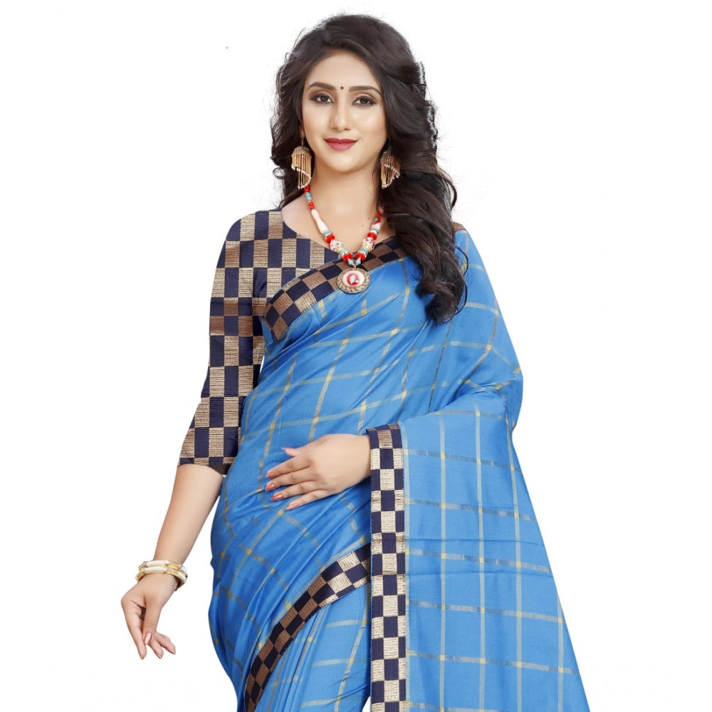 Clasymist Women's Cotton Silk Checkered Saree With Unstitched Blouse 5.5Mtr (Light Blue)