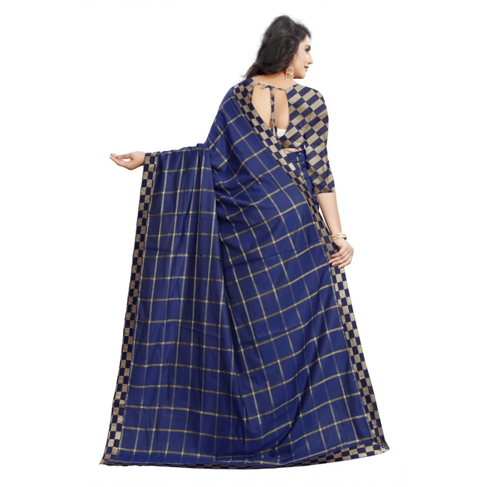 Clasymist Women's Cotton Silk Checkered Saree With Unstitched Blouse 5.5Mtr (Dark Blue)