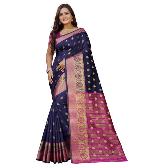 Clasymist Women's Silk Blend Woven Saree With Unstitched Blouse 5.5Mtr (Dark Blue-Pink)