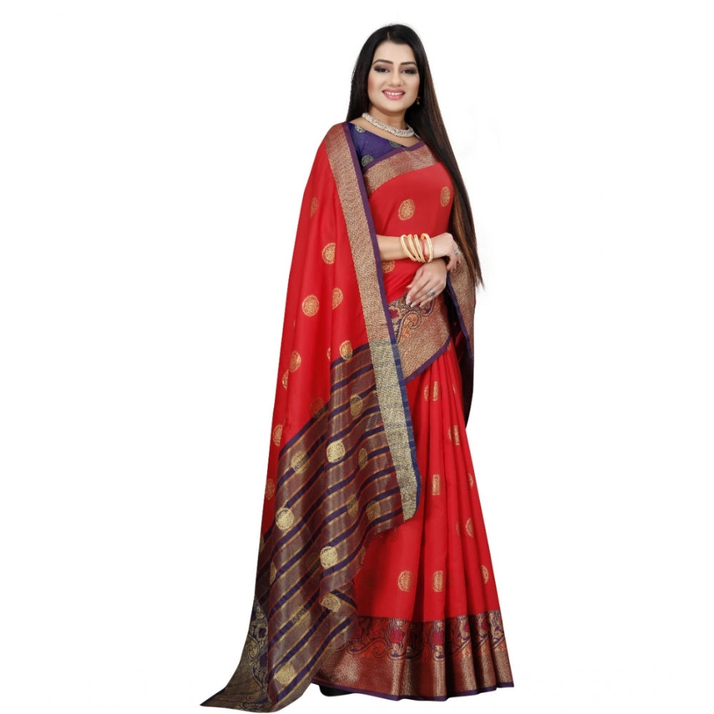 Clasymist Women's Silk Blend Woven Saree With Unstitched Blouse 5.5Mtr (Red-Blue)