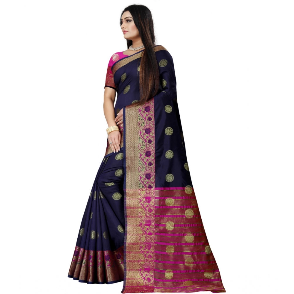 Clasymist Women's Silk Blend Woven Saree With Unstitched Blouse 5.5Mtr (Dark Blue-Pink)