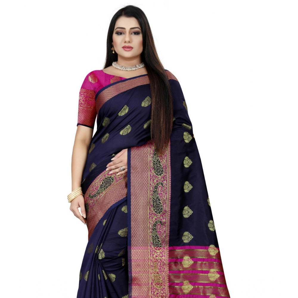 Clasymist Women's Silk Blend Woven Saree With Unstitched Blouse 5.5Mtr (Dark Blue-Pink)