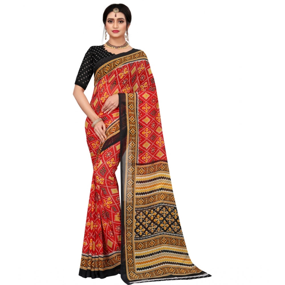 Clasymist Women's Georgette Floral Print Saree With Unstitched Blouse 5.5Mtr (Red)