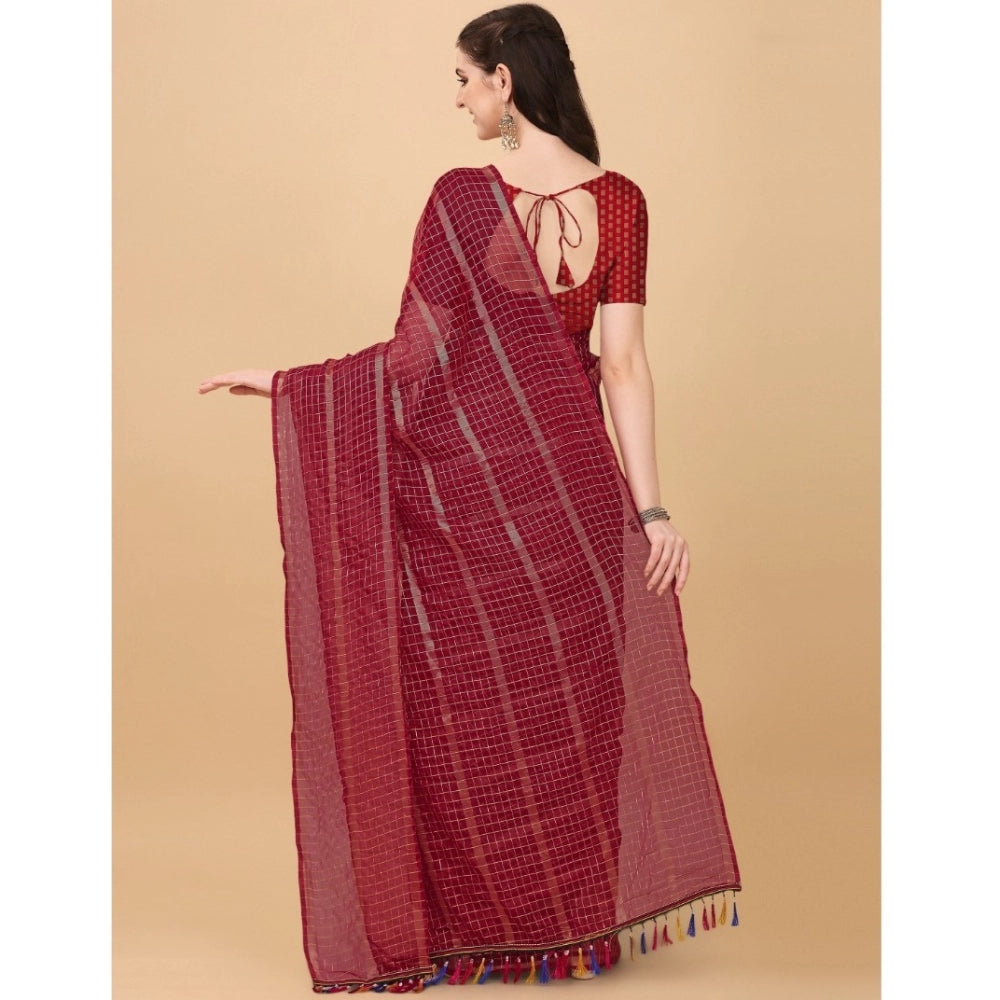 Clasymist Women's Silk Blend Checkered Saree With Unstitched Blouse 5.5Mtr (Red)