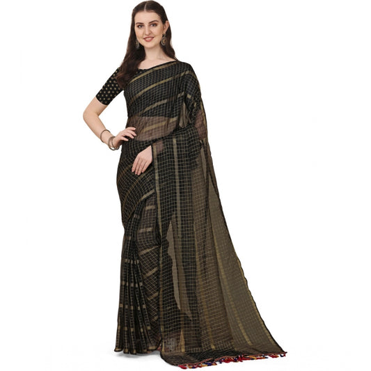 Clasymist Women's Silk Blend Checkered Saree With Unstitched Blouse 5.5Mtr (Black)