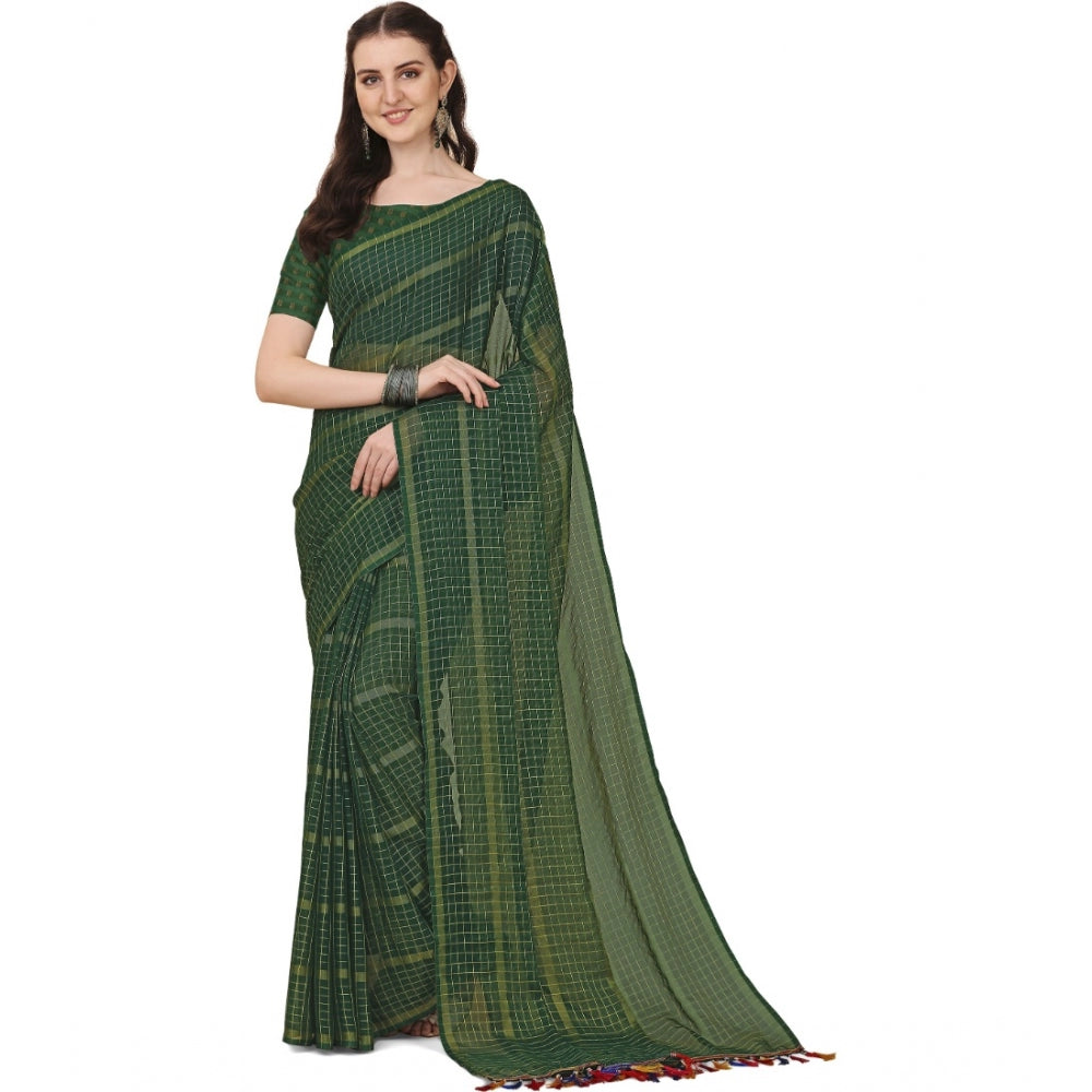 Clasymist Women's Silk Blend Checkered Saree With Unstitched Blouse 5.5Mtr (Green)