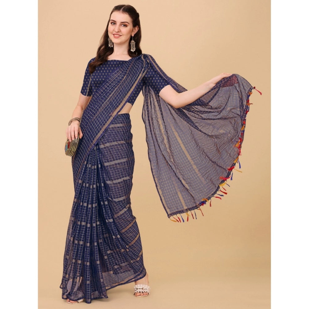 Clasymist Women's Silk Blend Checkered Saree With Unstitched Blouse 5.5Mtr (Blue)