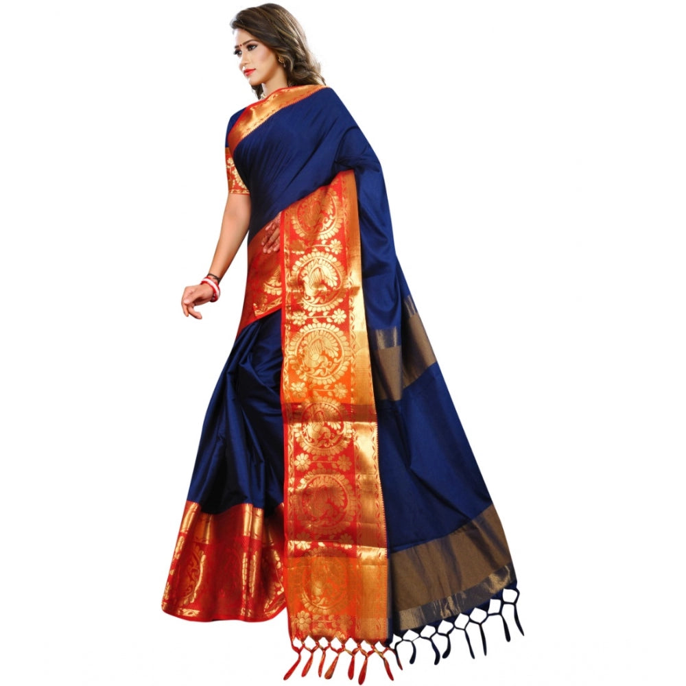 Clasymist Women's Jacquard Woven Saree With Unstitched Blouse 5.5Mtr (Dark Blue)