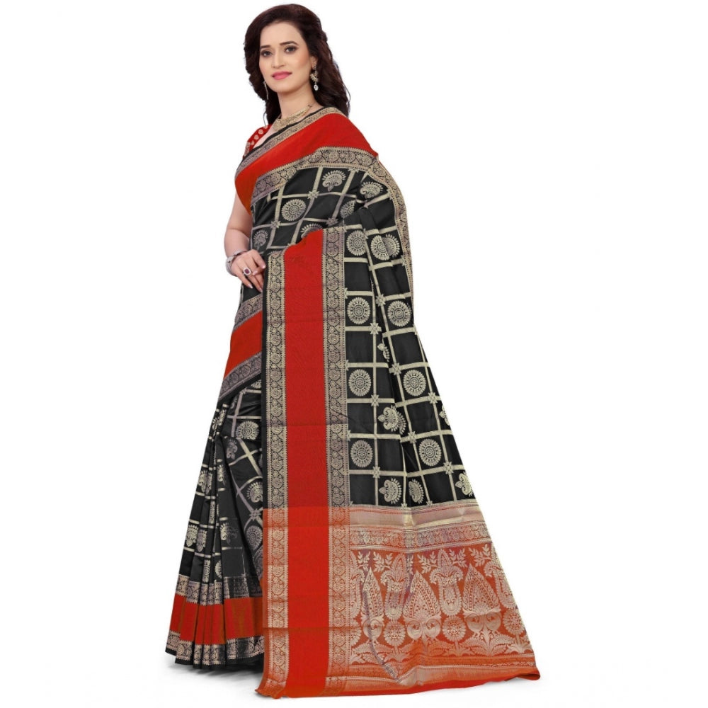 Clasymist Women's Jacquard Woven Saree With Unstitched Blouse 5.5Mtr (Red-Black)