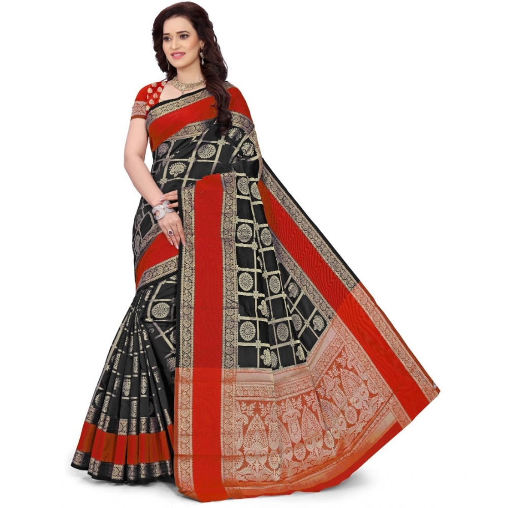 Clasymist Women's Jacquard Woven Saree With Unstitched Blouse 5.5Mtr (Red-Black)