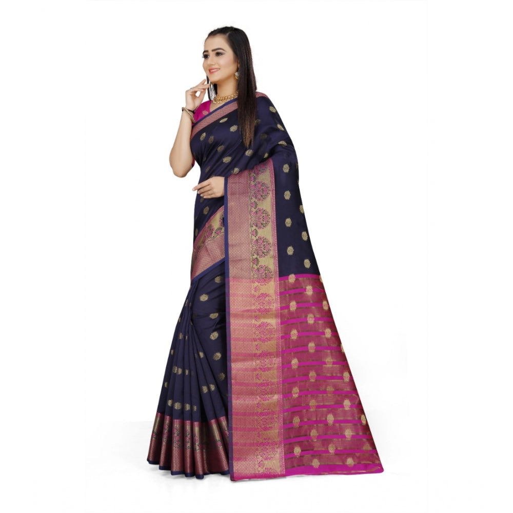 Clasymist Women's Jacquard Woven Saree With Unstitched Blouse 5.5Mtr (Dark Blue)