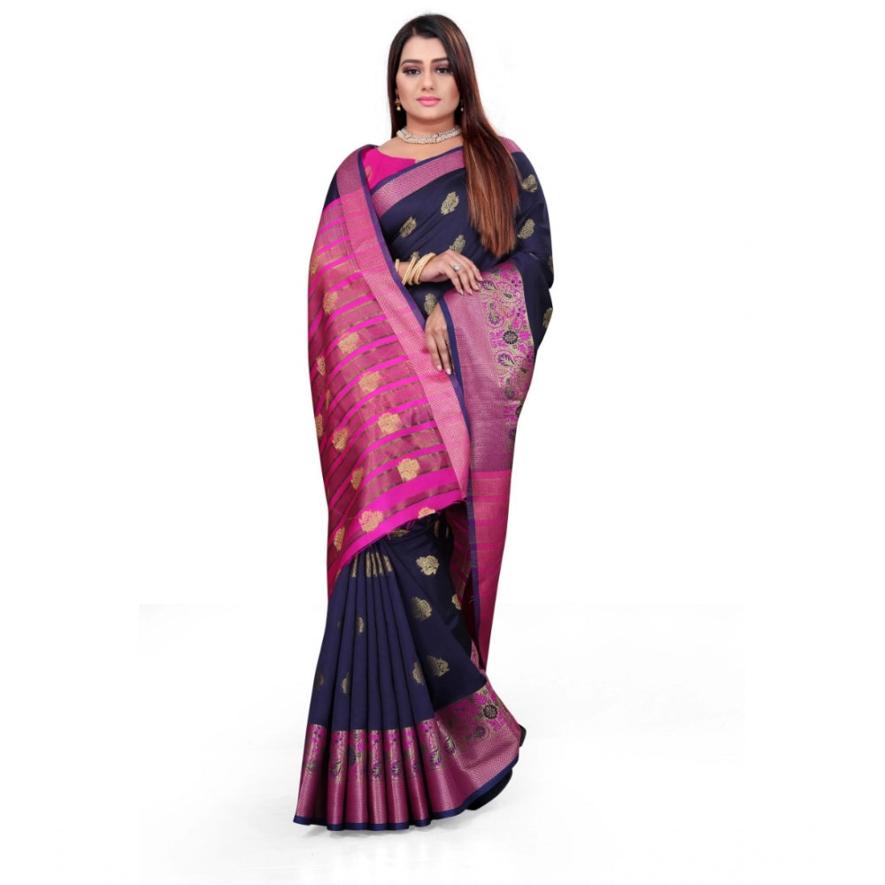 Clasymist Women's Silk Blend Woven Saree With Unstitched Blouse 5.5Mtr (Dark Blue)