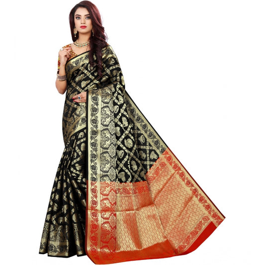 Clasymist Women's Jacquard Woven Saree With Unstitched Blouse 5.5Mtr (Black)