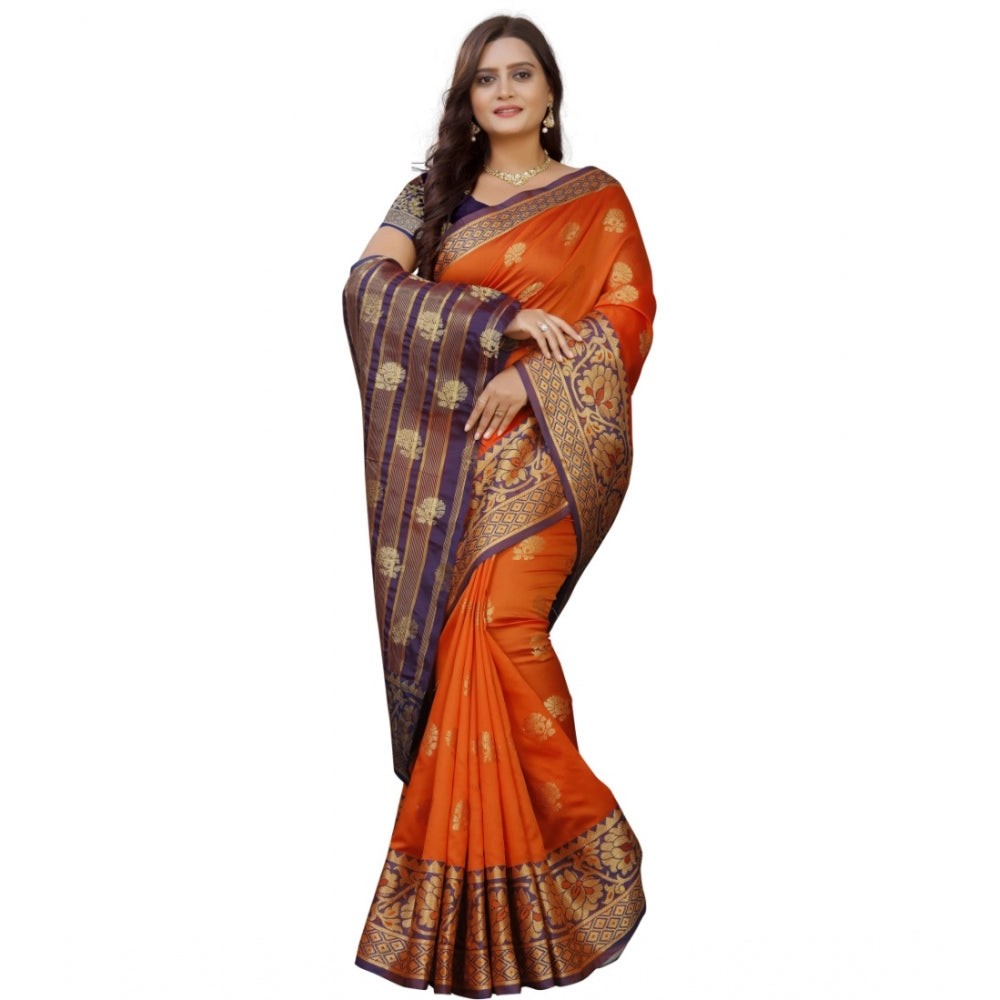 Clasymist Women's Silk Blend Woven Saree With Unstitched Blouse 5.5Mtr (Gold-Orange)