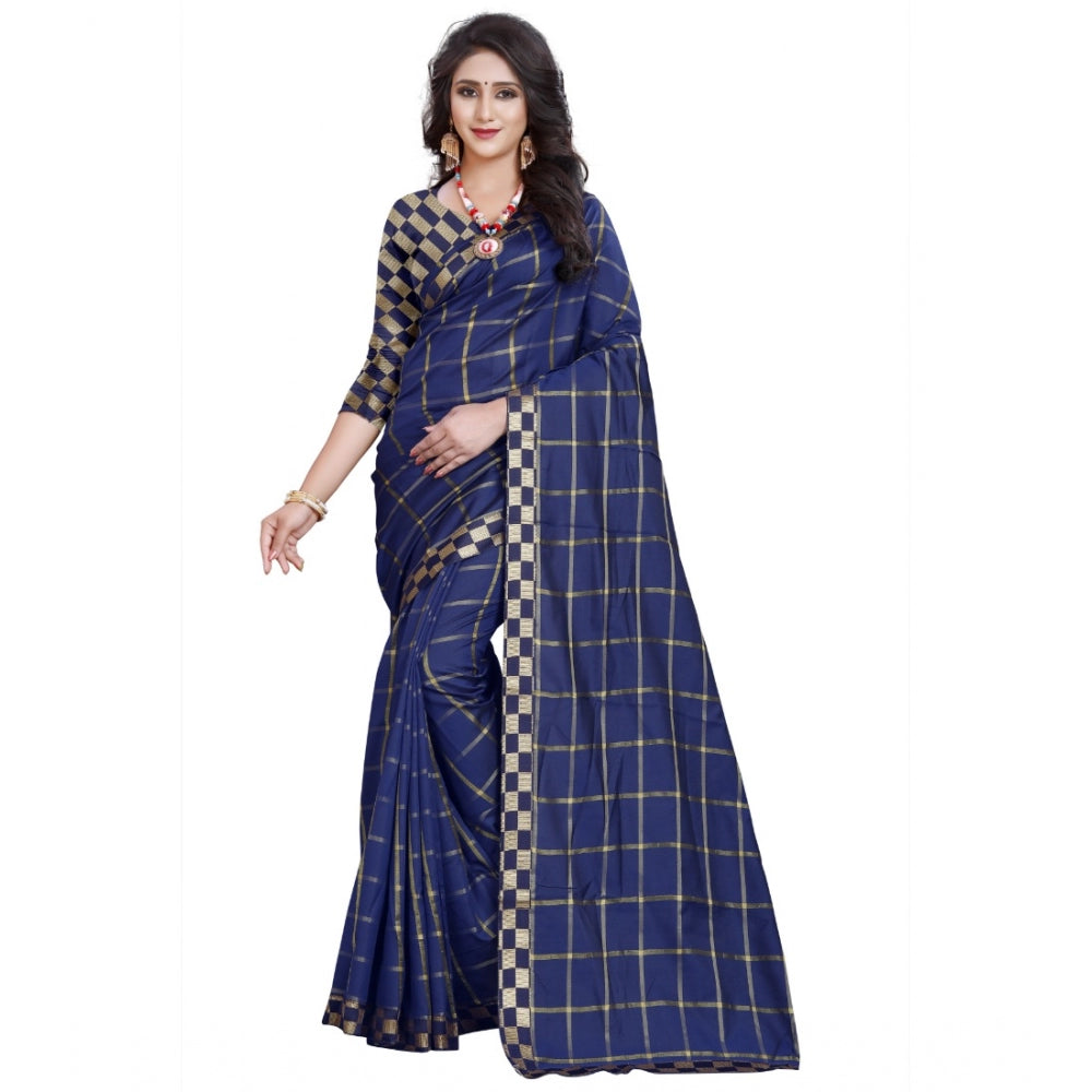 Clasymist Women's Cotton Silk Checkered Saree With Unstitched Blouse 5.5Mtr (Dark Blue)