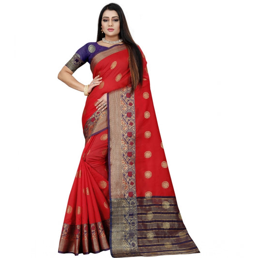 Clasymist Women's Silk Blend Woven Saree With Unstitched Blouse 5.5Mtr (Red-Blue)