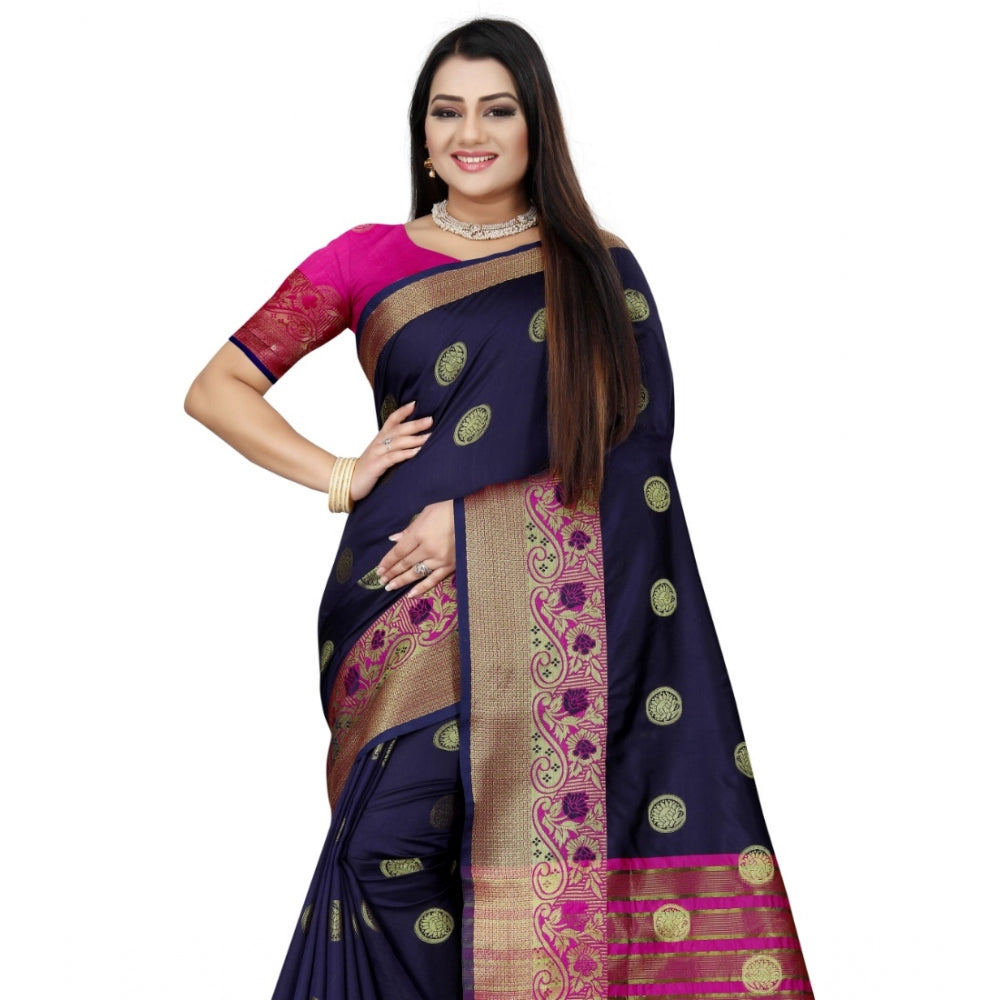 Clasymist Women's Silk Blend Woven Saree With Unstitched Blouse 5.5Mtr (Dark Blue-Pink)