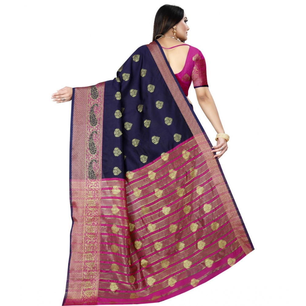 Clasymist Women's Silk Blend Woven Saree With Unstitched Blouse 5.5Mtr (Dark Blue-Pink)