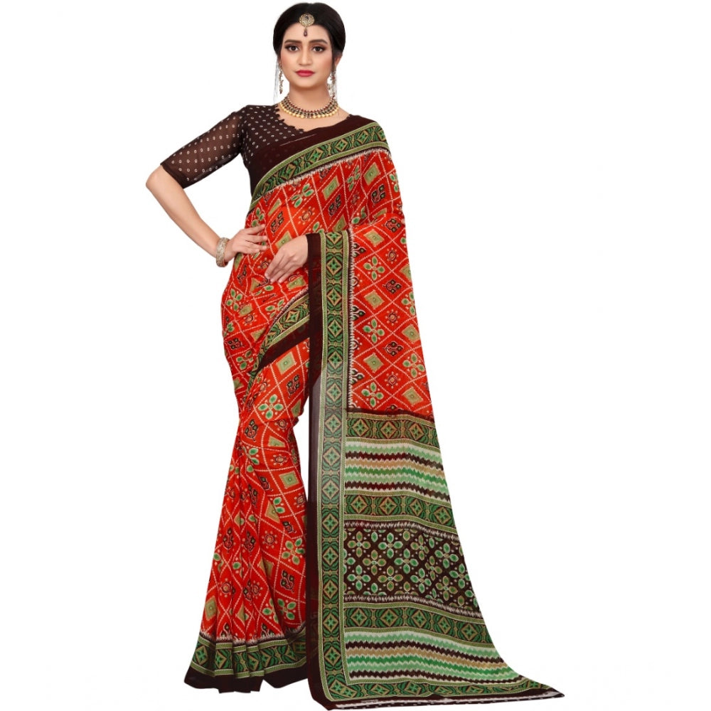 Clasymist Women's Georgette Floral Print Saree With Unstitched Blouse 5.5Mtr (Red)