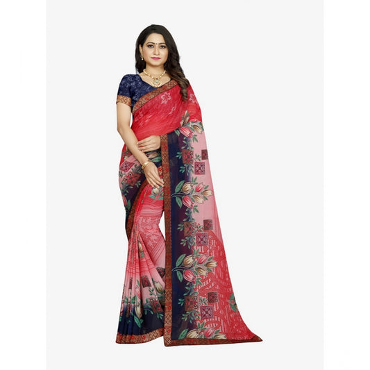 Clasymist Women's Georgette Floral Print Saree With Unstitched Blouse 5.5Mtr (Blue-Pink)