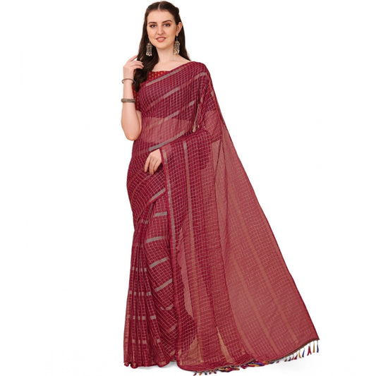 Clasymist Women's Silk Blend Checkered Saree With Unstitched Blouse 5.5Mtr (Red)