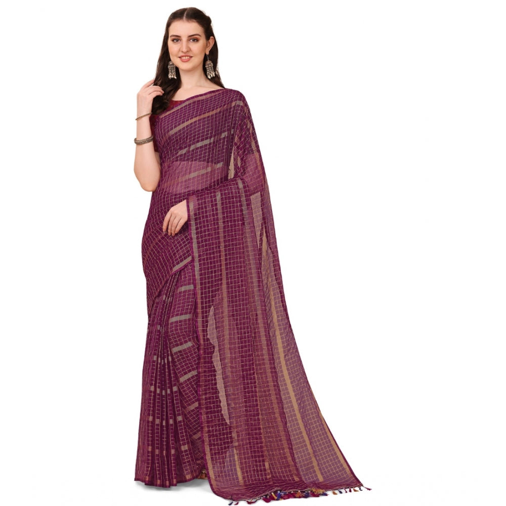 Clasymist Women's Silk Blend Checkered Saree With Unstitched Blouse 5.5Mtr (Maroon)