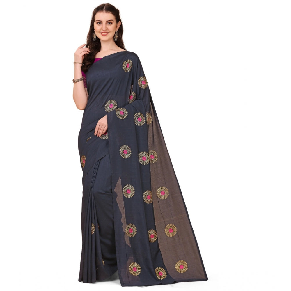 Clasymist Women's Silk Blend Embroidered Saree With Unstitched Blouse 5.5Mtr (Black)