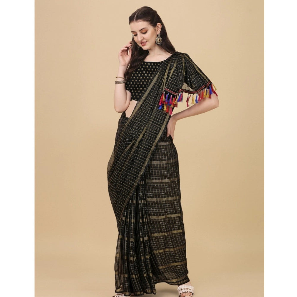 Clasymist Women's Silk Blend Checkered Saree With Unstitched Blouse 5.5Mtr (Black)