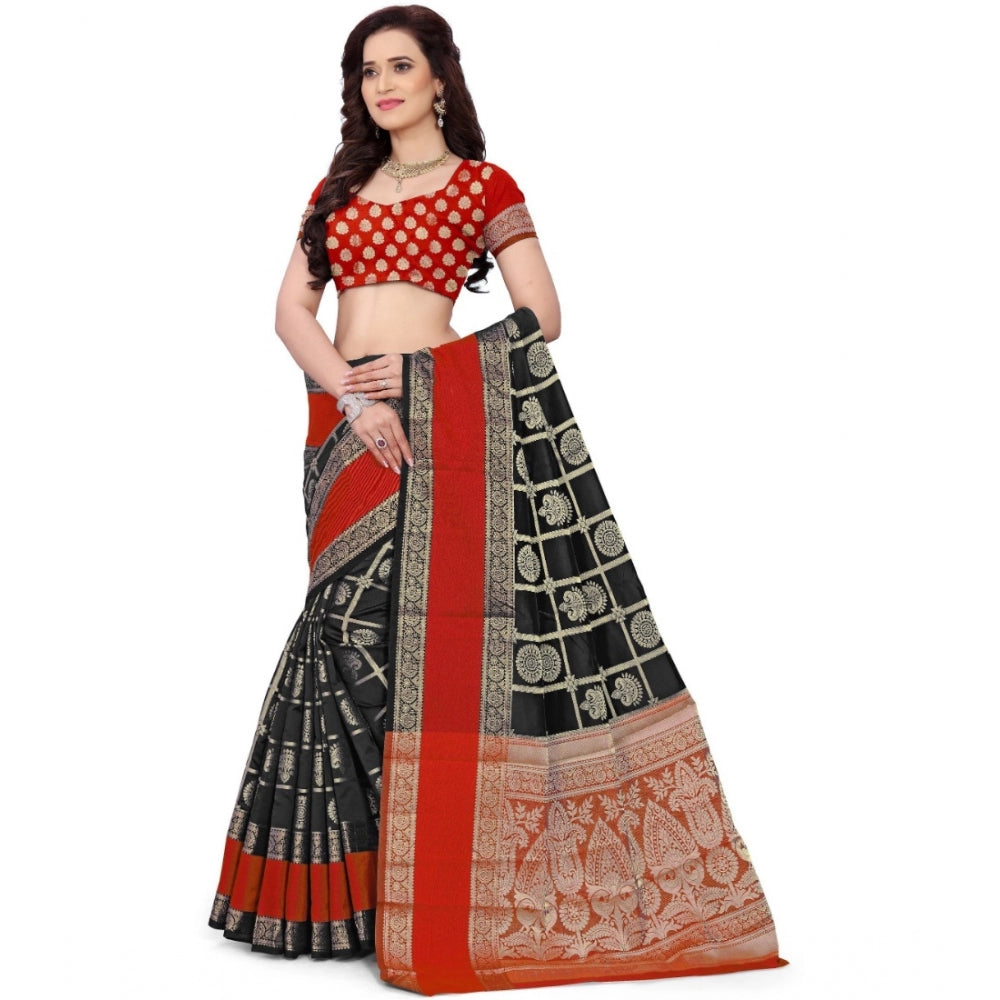 Clasymist Women's Jacquard Woven Saree With Unstitched Blouse 5.5Mtr (Red-Black)