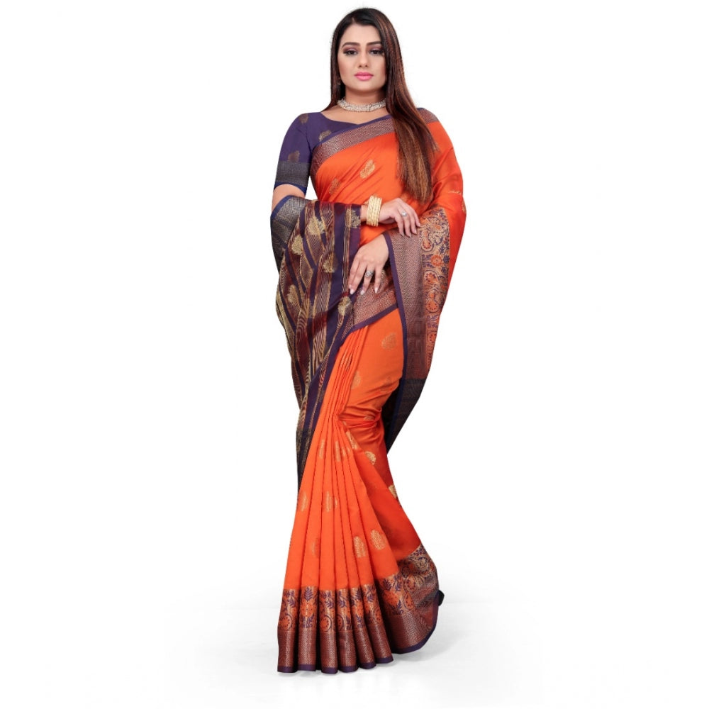 Clasymist Women's Silk Blend Woven Saree With Unstitched Blouse 5.5Mtr (Orange)