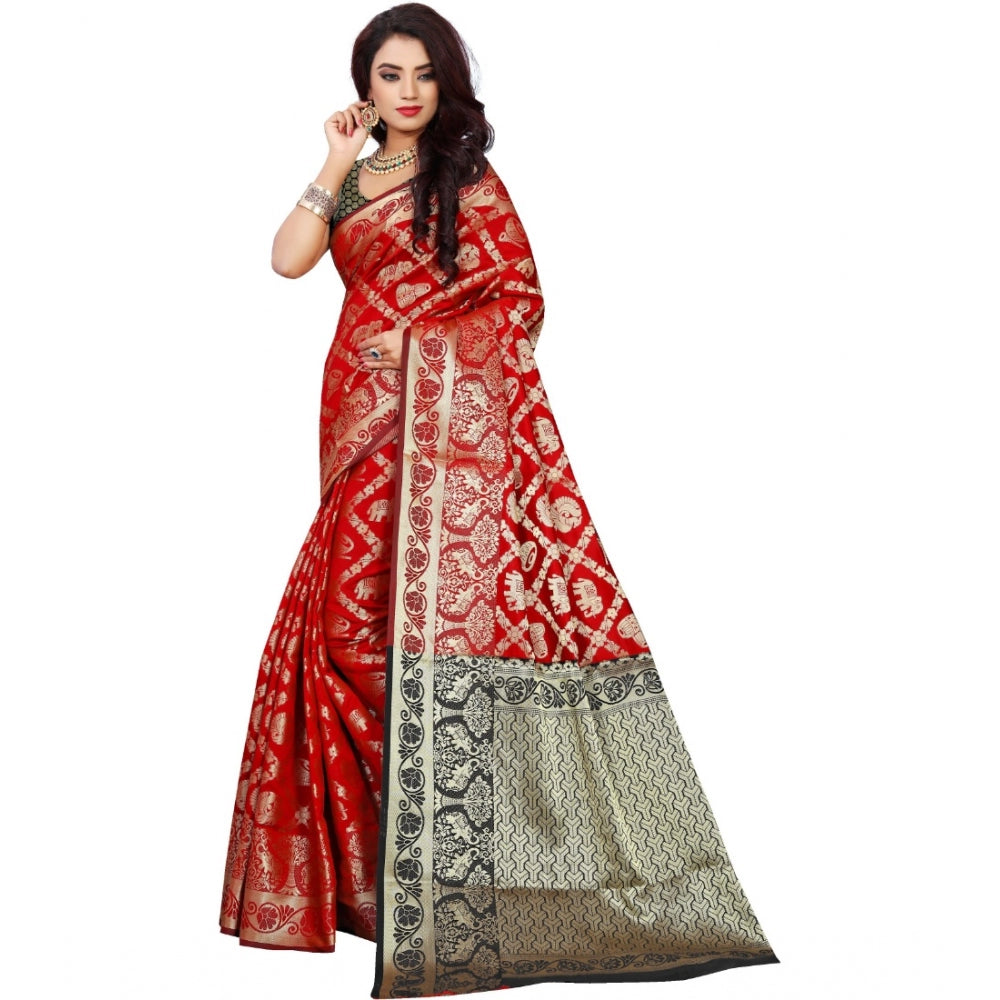 Clasymist Women's Jacquard Woven Saree With Unstitched Blouse 5.5Mtr (Red)