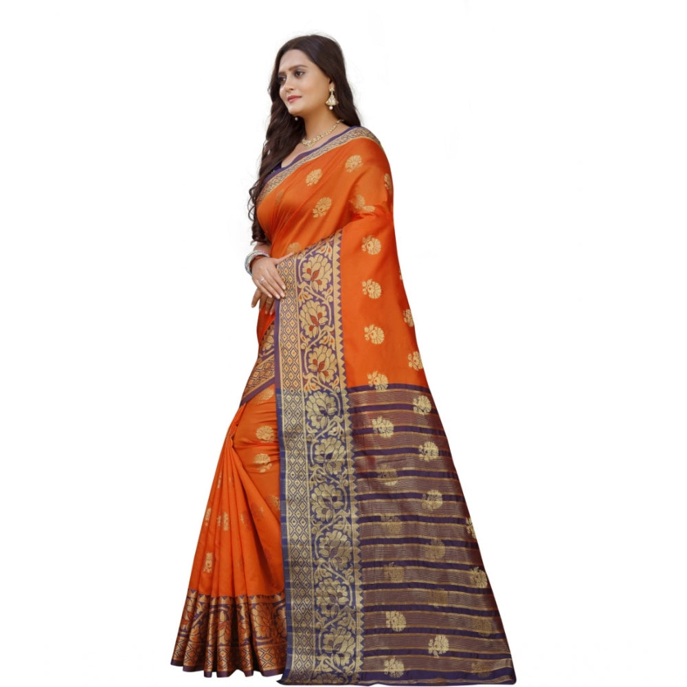 Clasymist Women's Silk Blend Woven Saree With Unstitched Blouse 5.5Mtr (Gold-Orange)