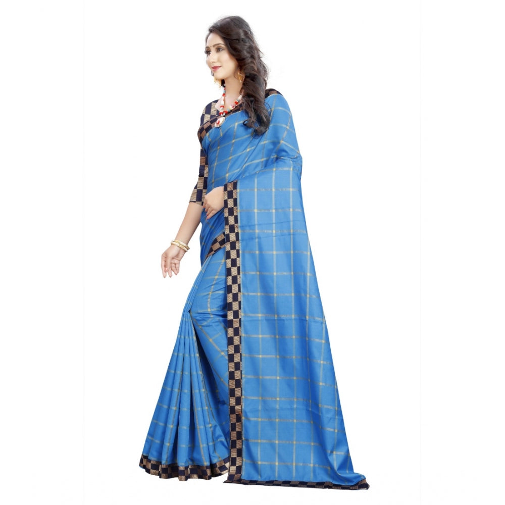 Clasymist Women's Cotton Silk Checkered Saree With Unstitched Blouse 5.5Mtr (Light Blue)