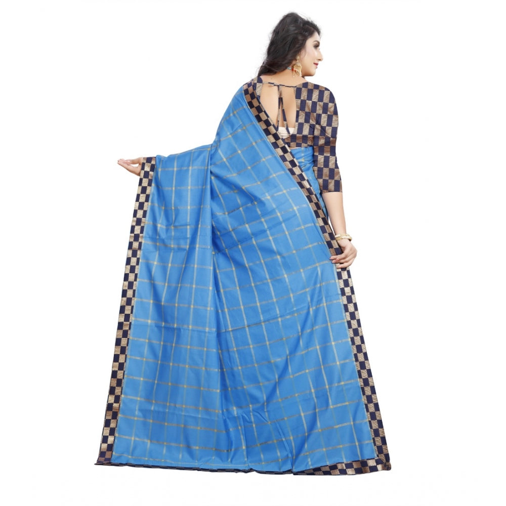 Clasymist Women's Cotton Silk Checkered Saree With Unstitched Blouse 5.5Mtr (Light Blue)