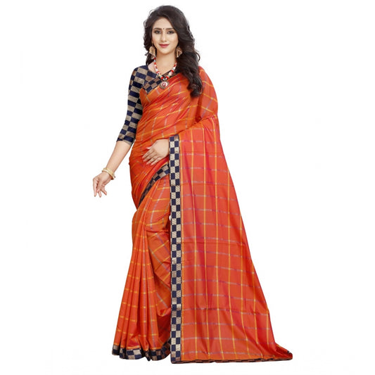 Clasymist Women's Cotton Silk Checkered Saree With Unstitched Blouse 5.5Mtr (Orange)