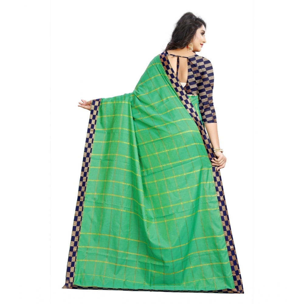 Clasymist Women's Cotton Silk Checkered Saree With Unstitched Blouse 5.5Mtr (Green)