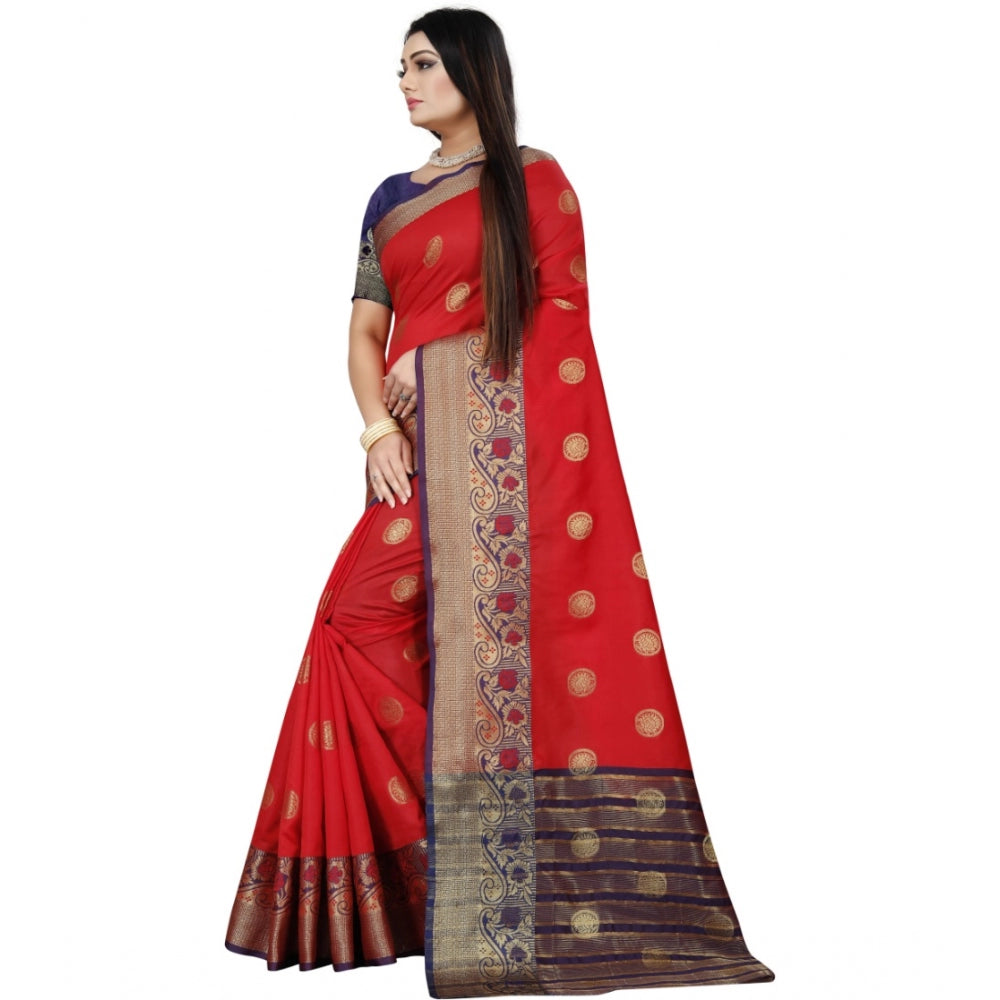 Clasymist Women's Silk Blend Woven Saree With Unstitched Blouse 5.5Mtr (Red-Blue)