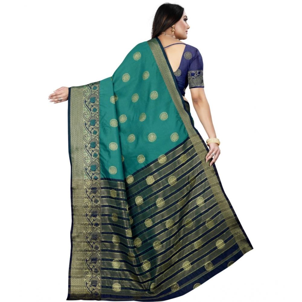 Clasymist Women's Silk Blend Woven Saree With Unstitched Blouse 5.5Mtr (Green-Blue)