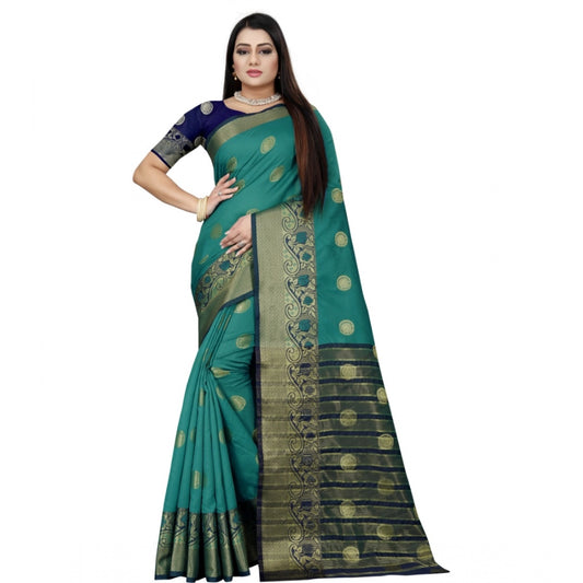 Clasymist Women's Silk Blend Woven Saree With Unstitched Blouse 5.5Mtr (Green-Blue)