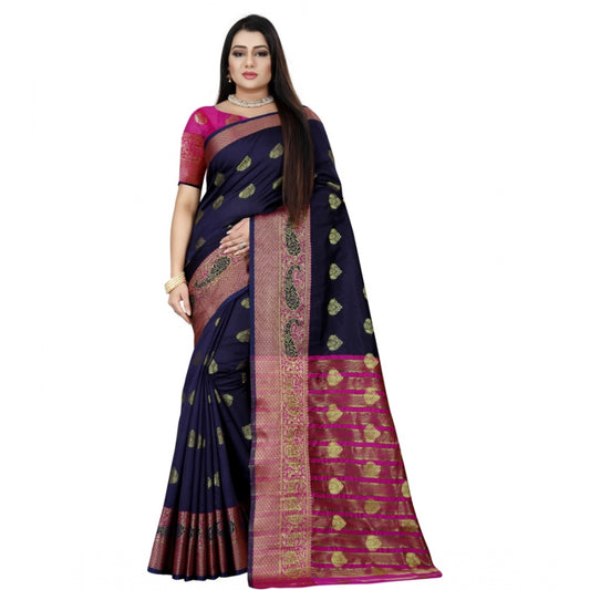 Clasymist Women's Silk Blend Woven Saree With Unstitched Blouse 5.5Mtr (Dark Blue-Pink)