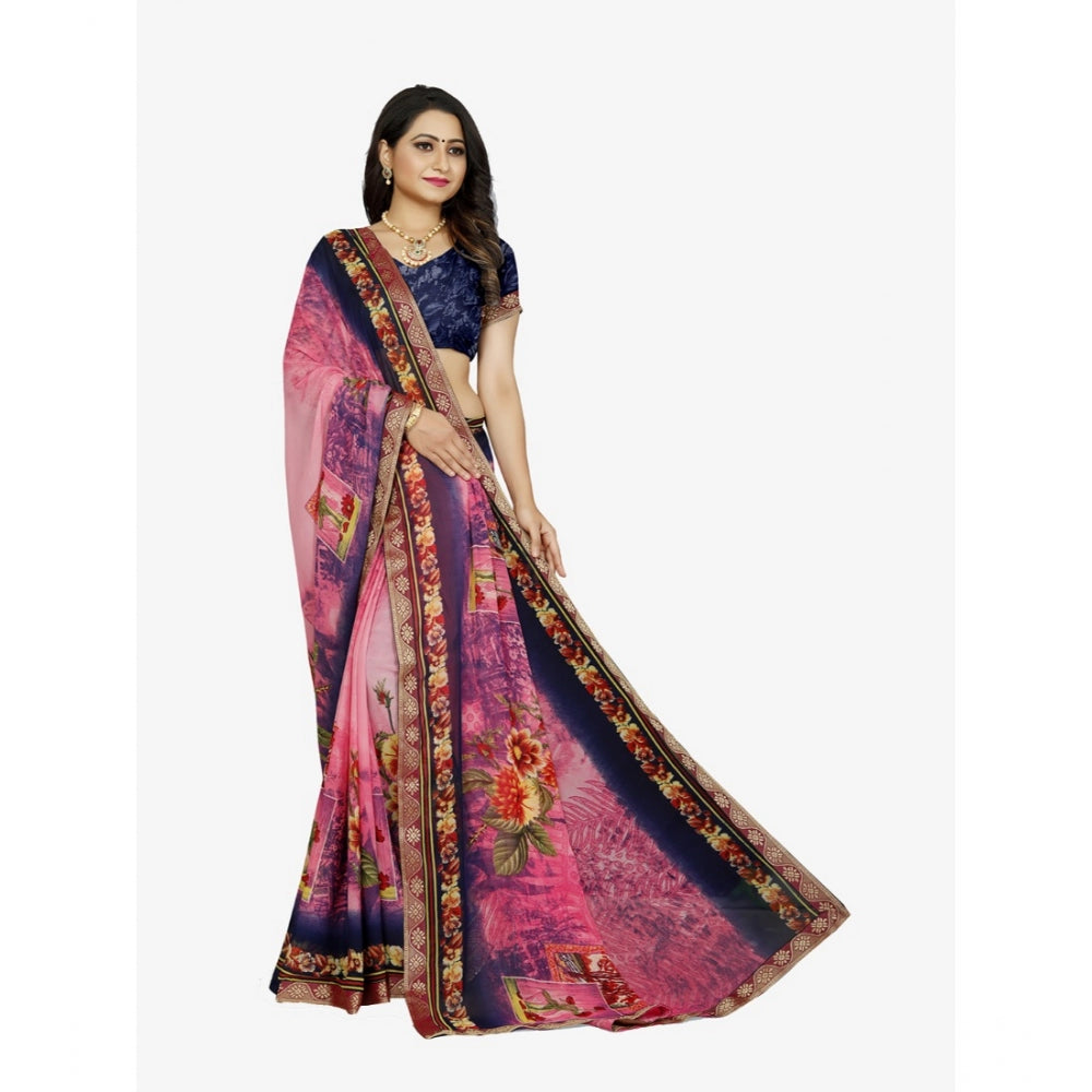 Clasymist Women's Georgette Floral Print Saree With Unstitched Blouse 5.5Mtr (Blue-Pink)