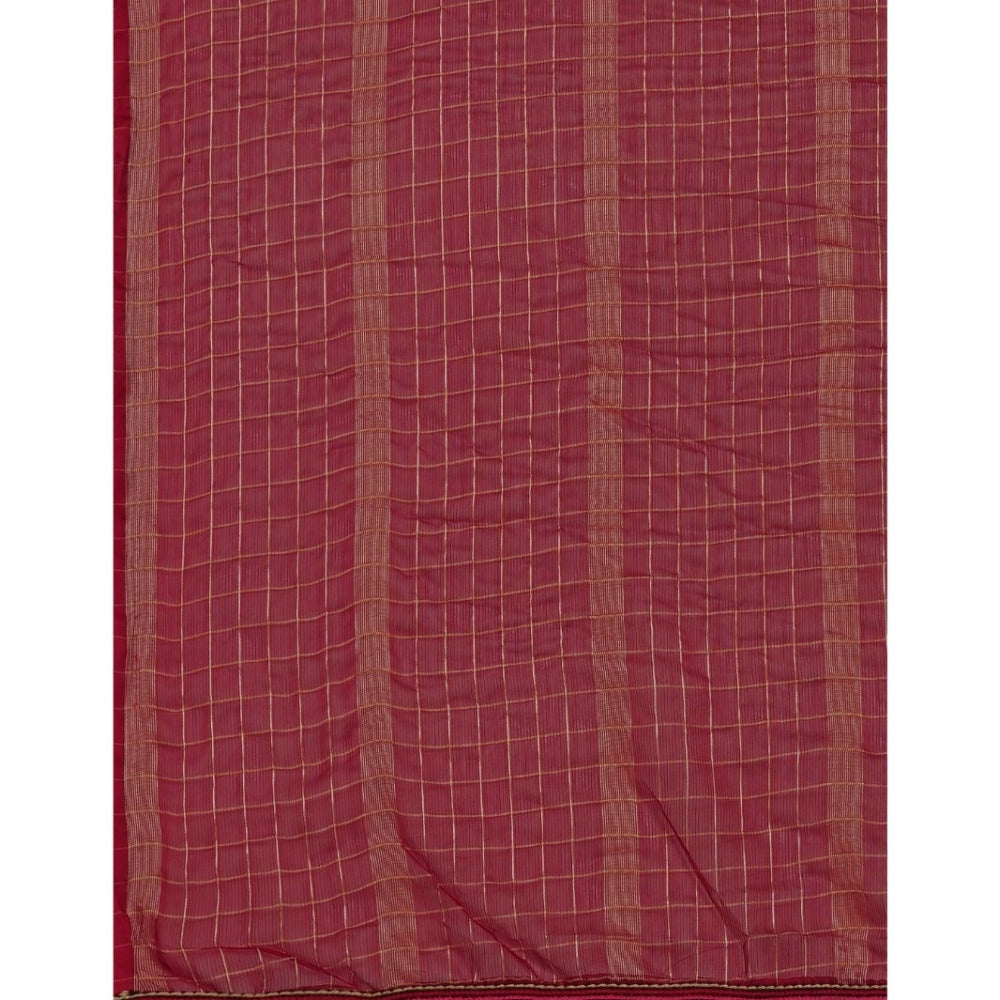 Clasymist Women's Silk Blend Checkered Saree With Unstitched Blouse 5.5Mtr (Red)