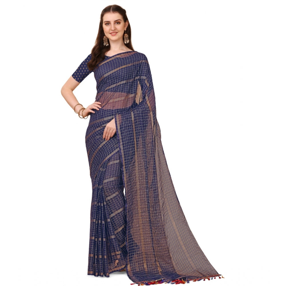 Clasymist Women's Silk Blend Checkered Saree With Unstitched Blouse 5.5Mtr (Blue)