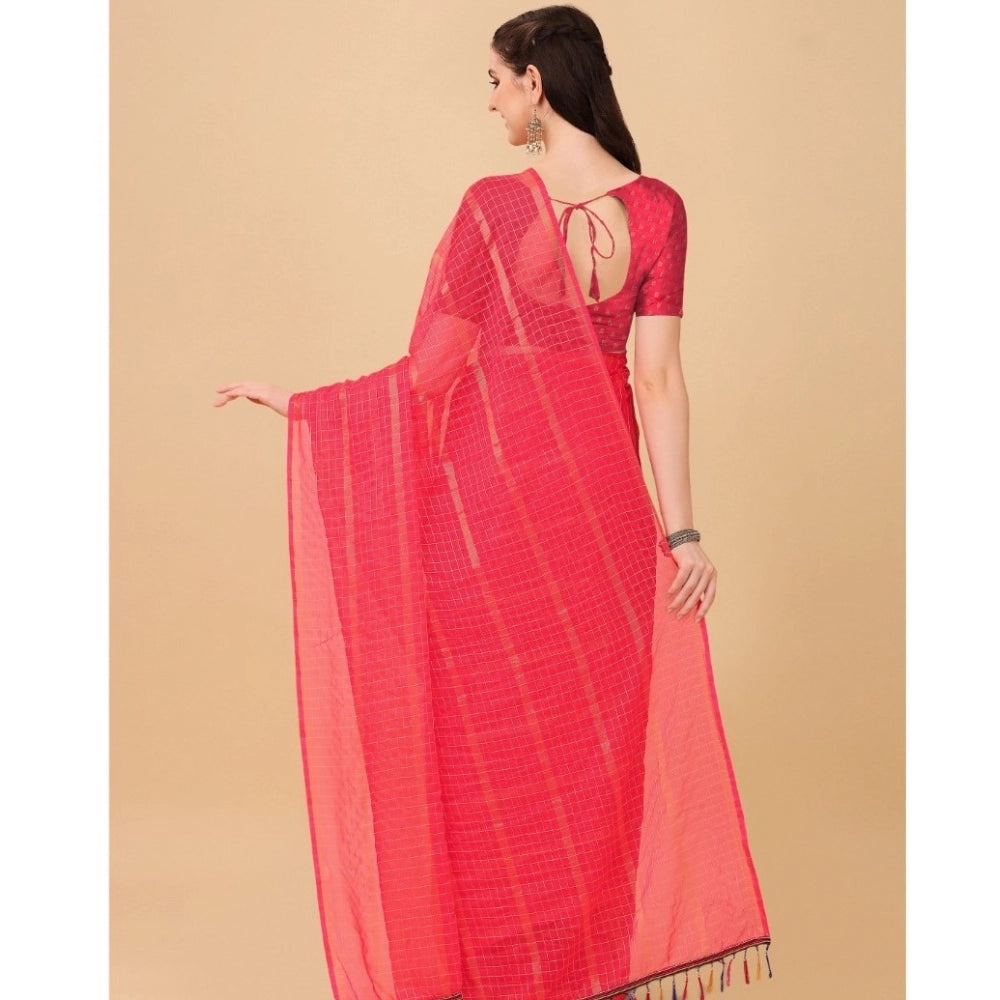 Clasymist Women's Silk Blend Checkered Saree With Unstitched Blouse 5.5Mtr (Pink)